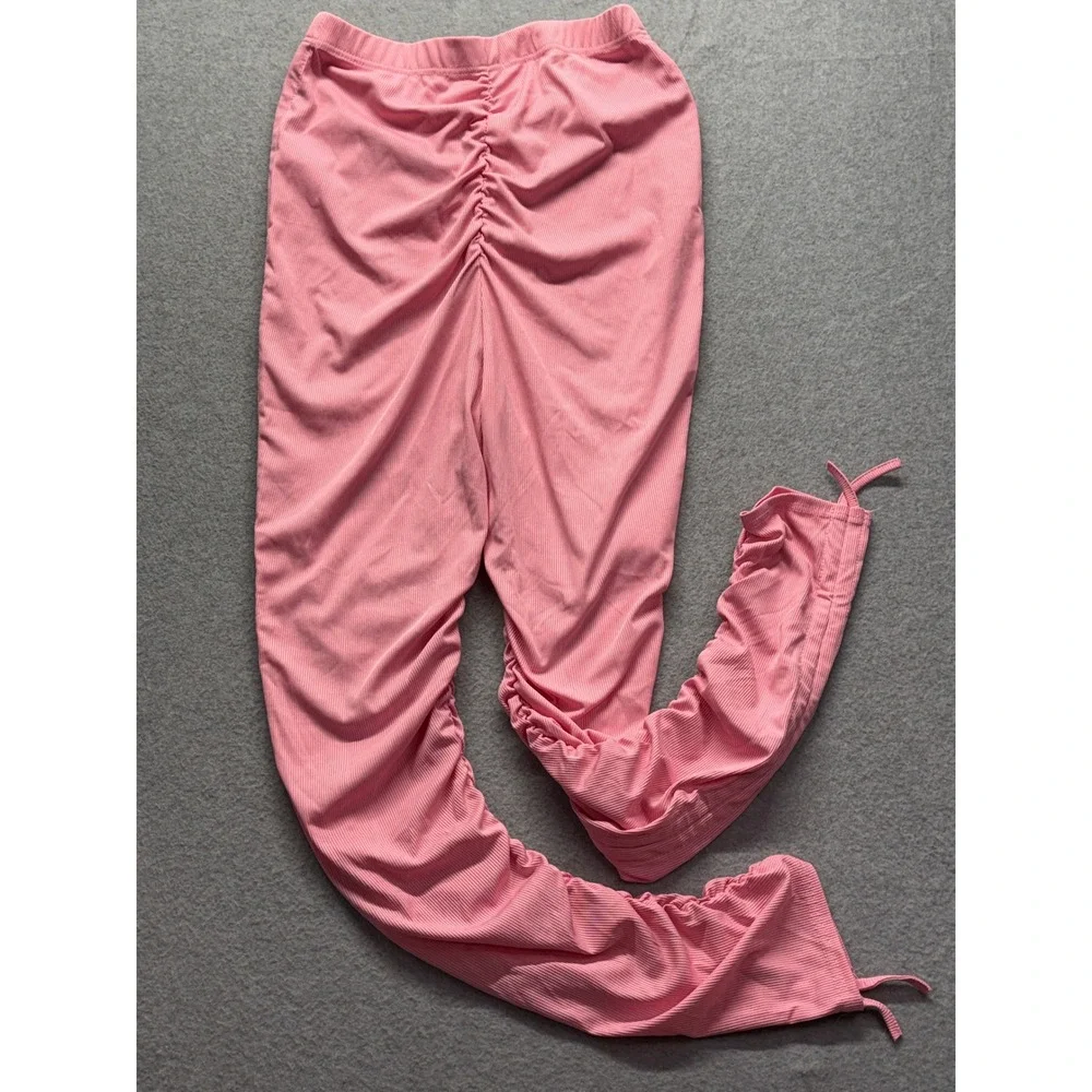 Pink Ribbed Ruched Stacked Leggings High Waisted Tie Hem Pants 2XL